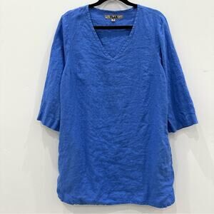 Flax Blue V Neck Long Linen Tunic w/ Pockets.